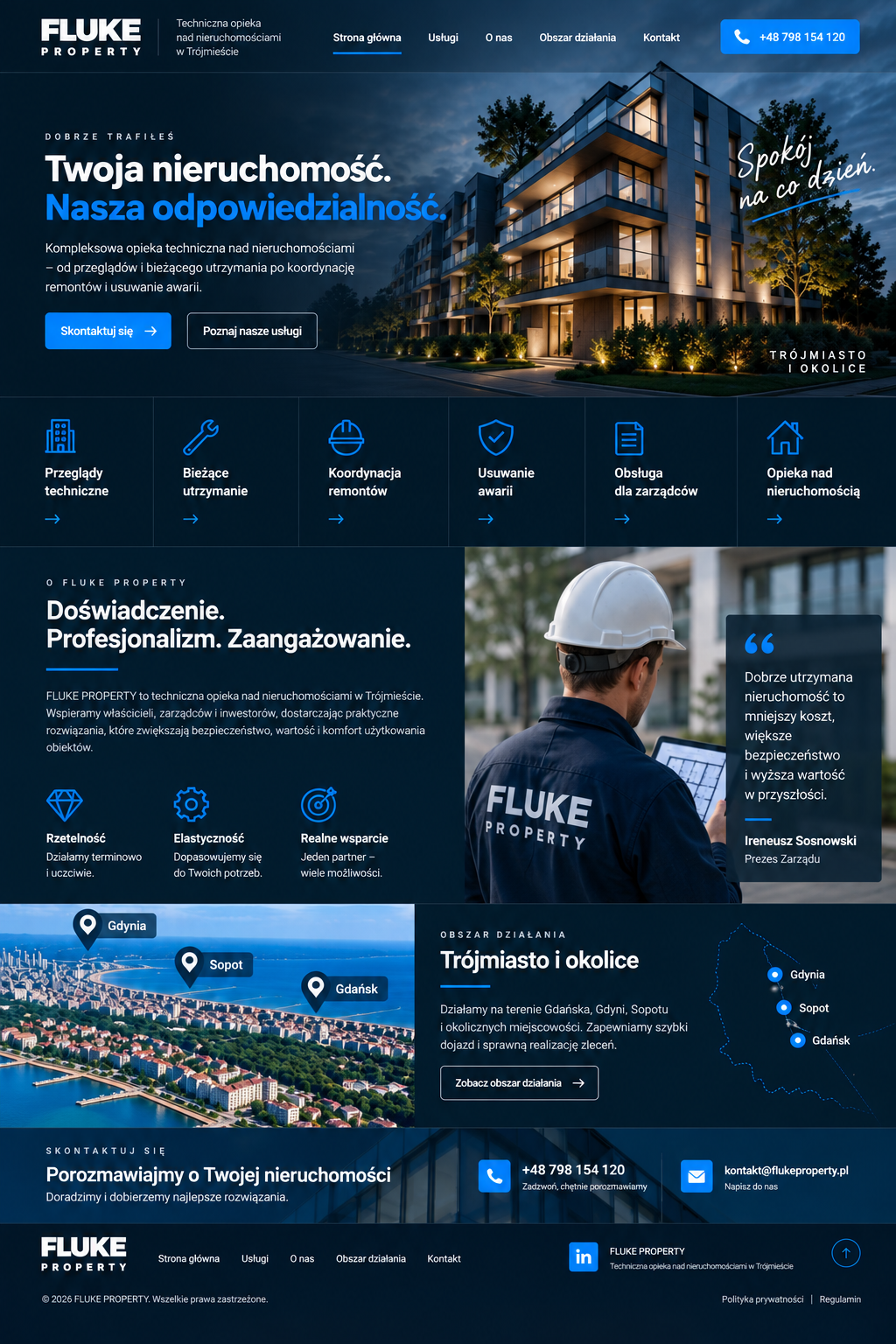 FLUKE PROPERTY — techniczna opieka nad nieruchomościami w Trójmieście. Twoja nieruchomość. Nasza odpowiedzialność. Przeglądy techniczne, bieżące utrzymanie, koordynacja remontów, usuwanie awarii, obsługa zarządców i opieka nad nieruchomością. Obszar działania: Gdańsk, Gdynia, Sopot i okolice.